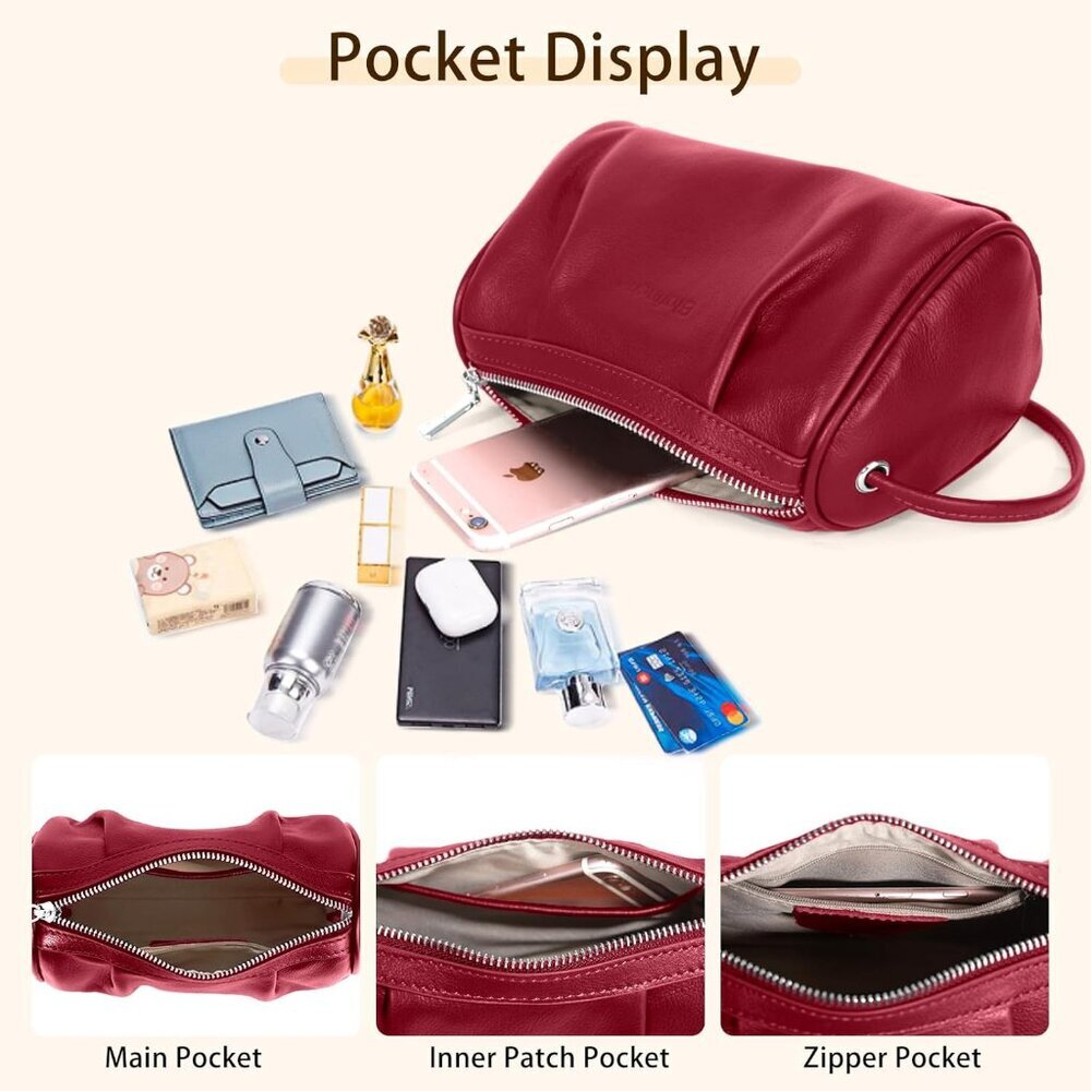 Women Red Leather Crossbody Bag Small Hobo Bag with Wrinkled Texture - Picture 5 of 8